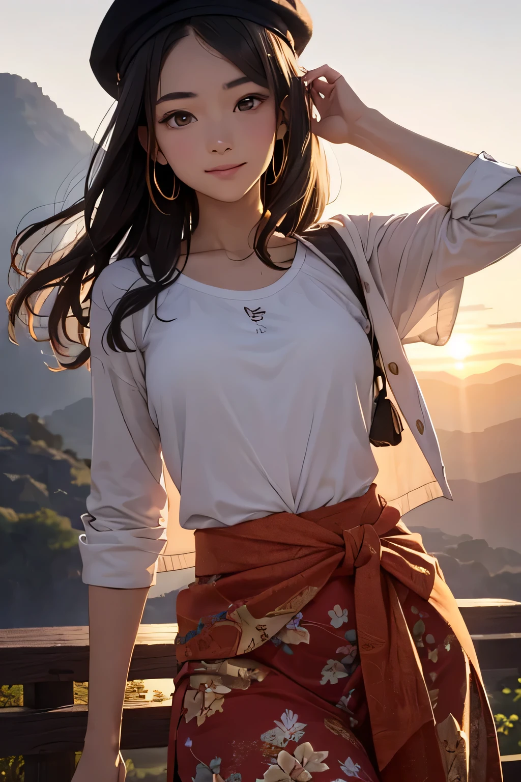 highest quality、High resolution、Detailed Background、(Beautiful face in every detail:1.4)、Anatomically correct、(Detailed facial expressions)、(Detailed eyes:1.2)、Teenage beauty、(Highly detailed face:1.4)、cute hair color、Braided Ponytail、Bobcut、Braided long hair、Wavy Hairstyle、cute hairstyle、well-groomed eyebrows、Cute gestures、Summer Mountain seen from Fuji Mountain々、First sunrise spot、Before dawn、
(Two beautiful girls smiling broadly at the summit with the sunrise in the background:1.5)、
Before dawn the sky begins to change from deep navy blue to orange.、From the top of Mt. Fuji, you can see the sea of clouds and the Fuji Five Lakes in the distance.、The sun began to rise in the eastern sky、The light is like a golden thread、Mountain々The clouds are gently illuminated.、
Climbing Mountain's clothing「Innerwear, mid-layers, and outerwear」These three layers are the basics.、Dress in layers、Put on your hat、Colorful Berets、Loose-fitting sarouel pants like Aladdin pants are comfortable and stylish.、The ethnic print wrap skirt gives off a summer vibe.、Wide pants with a botanical pattern are trendy、
These stretch pants have a slimming effect on your legs and are comfortable and stylish at the same time.、cute