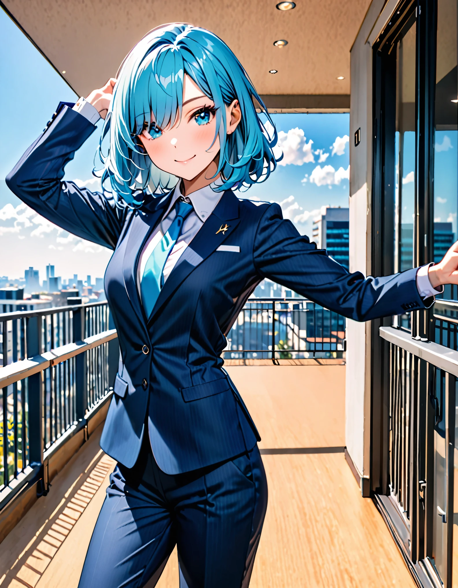 best quality, masterpiece, 1lady, incredibly absurdres, extremely detailed, delicate texture, 1girl, solo, solo focus, intelligent beauty, medium hair, medium hair, (armpit-length hair, blue hair), aquamarine eyes, hair over one eye, wearing blue suit and tie, long sleeves, pants, shoes, playful, cute smile, closed mouth, outside office balcony