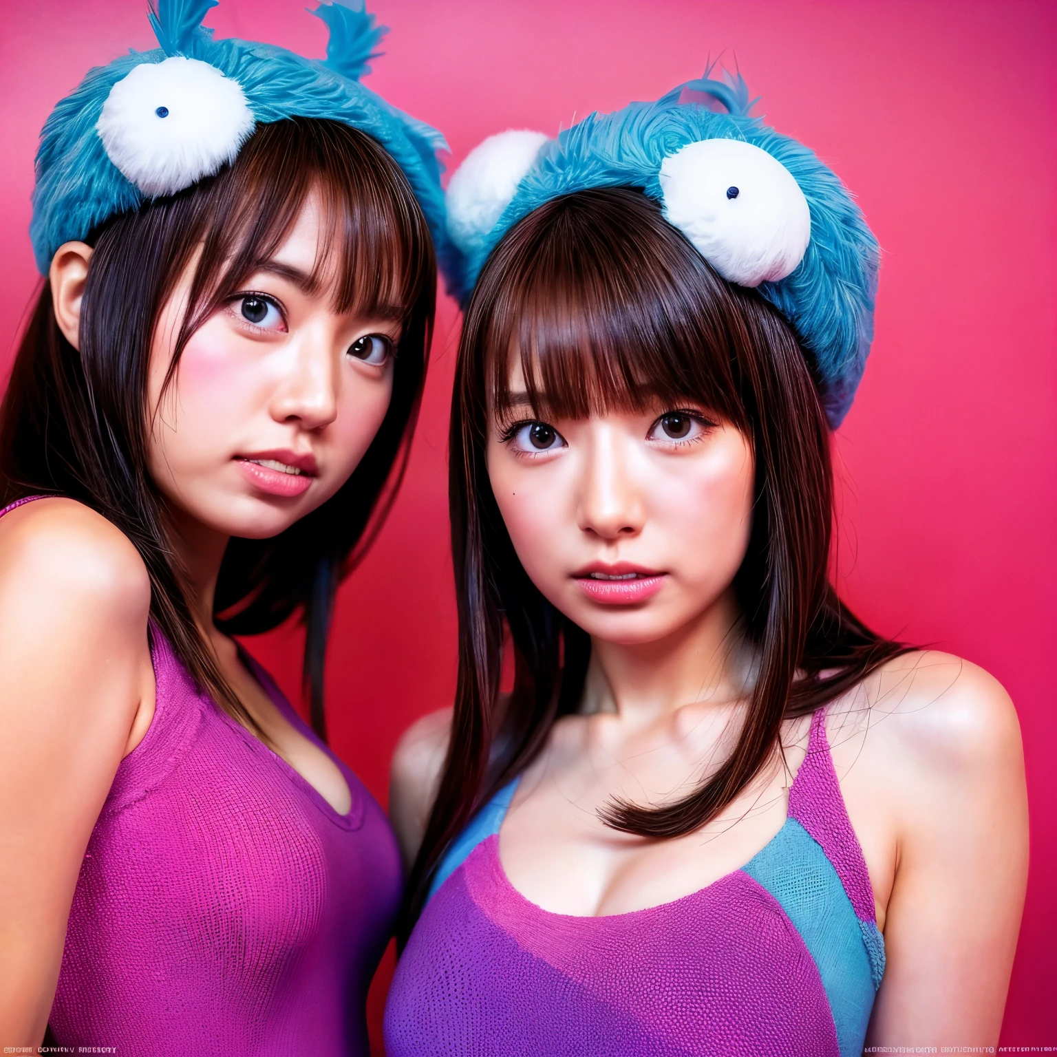 Identical twin sisters、Instagram model from another dimension, With two people, Imaginative, Metaphysical, Whimsical, Anaglyph Style, 1 Japan, Cute face, 18-year-old,