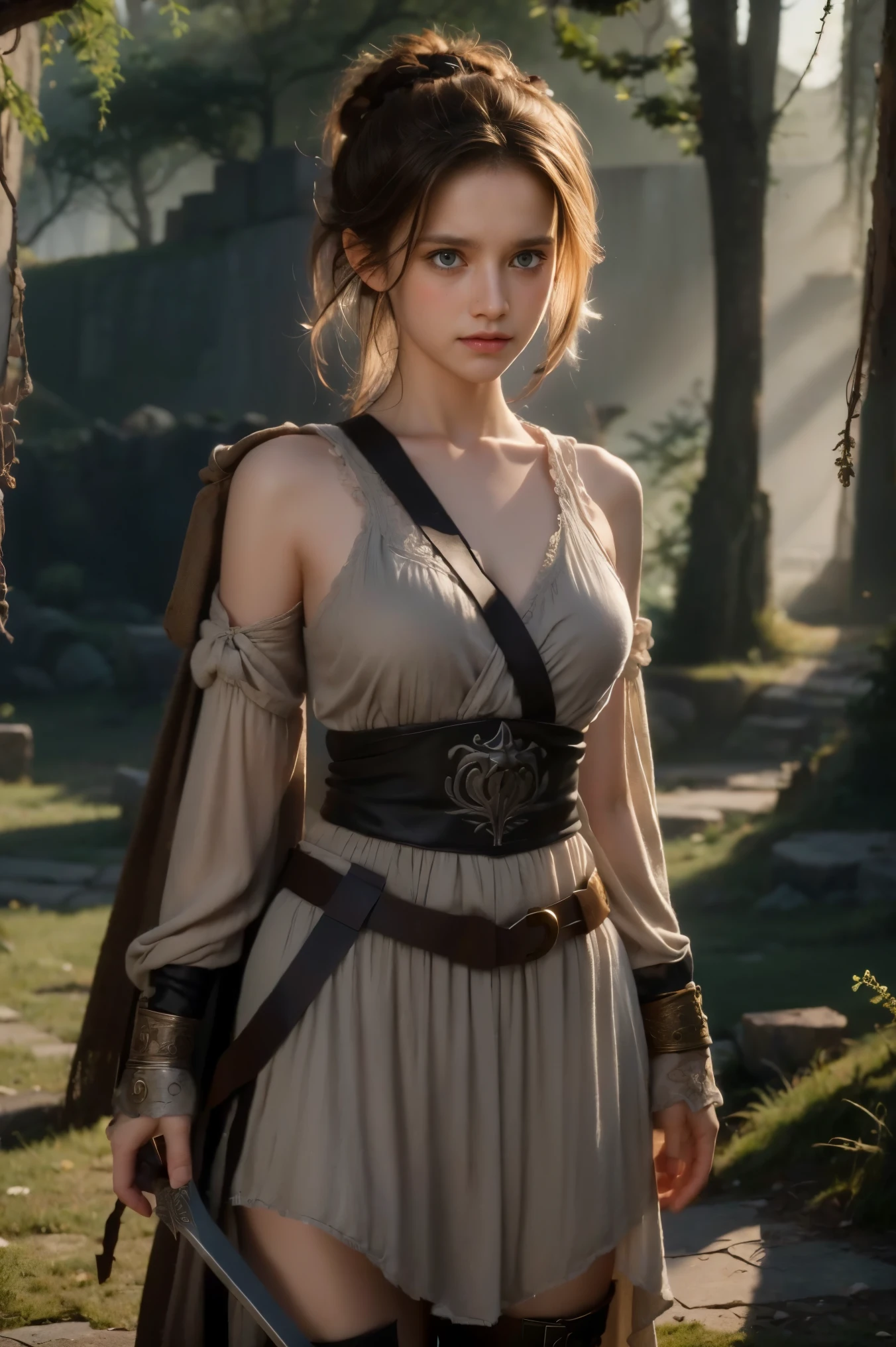 best quality, (wide shot), CGSsociety, 8K, ultra-realistic, masterpiece,Highly detailed warrior girl image inspired by the film "The Lord of the Rings", gothic style