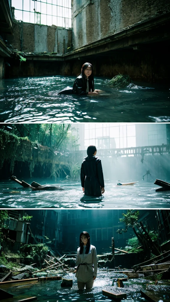 In the water,moss,Showa,Collapse,Devastation,Inside the ruins,Glasses,Women,adventure,Black and White,