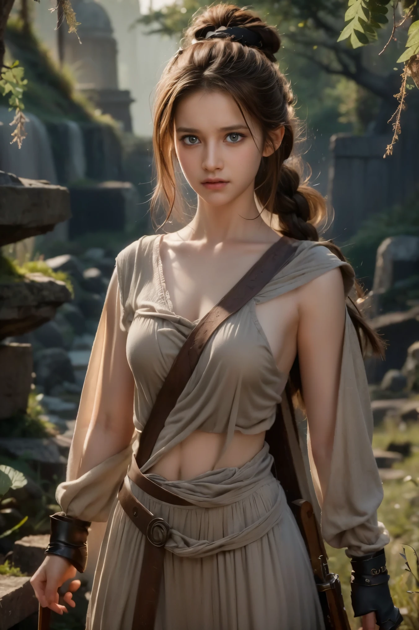 best quality, (wide shot), CGSsociety, 8K, ultra-realistic, masterpiece,Highly detailed warrior girl image inspired by the film "The Lord of the Rings", gothic style