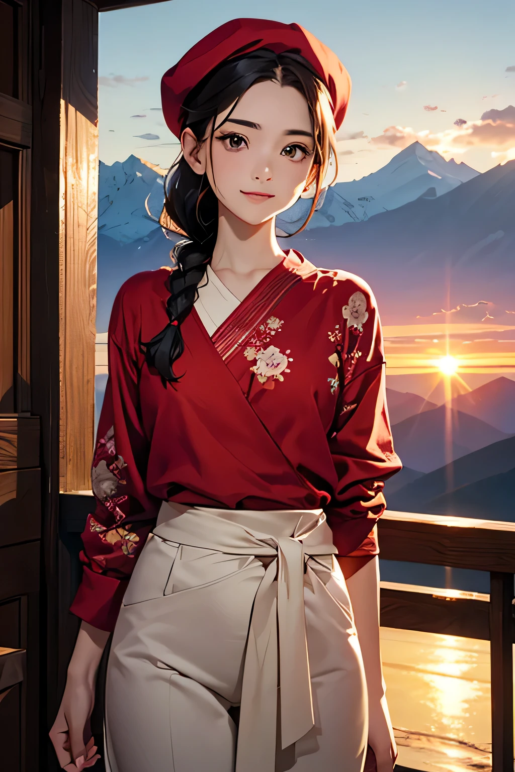 highest quality、High resolution、Detailed Background、(Beautiful face in every detail:1.4)、Anatomically correct、(Detailed facial expressions)、(Detailed eyes:1.2)、Teenage beauty、(Highly detailed face:1.4)、cute hair color、Braided Ponytail、Bobcut、Braided long hair、Wavy Hairstyle、cute hairstyle、well-groomed eyebrows、Cute gestures、Summer Mountain seen from Fuji Mountain々、Sunrise Spot、Before dawn、

(Two beautiful girls smiling broadly at the summit with the sunrise in the background:1.5)、

Before dawn the sky begins to change from deep navy blue to orange.、From the top of Mt. Fuji, you can see the sea of clouds and the Fuji Five Lakes in the distance.、The sun began to rise in the eastern sky、The light is like a golden thread、Mountain々The clouds are gently illuminated.、

Climbing Mountain&#39;s clothing「Innerwear, mid-layers, and outerwear」These three layers are the basics.、Dress in layers、Put on your hat、Colorful Berets、Loose-fitting sarouel pants like Aladdin pants are comfortable and stylish.、The ethnic print wrap skirt gives off a summer vibe.、Wide pants with a botanical pattern are trendy、
These stretch pants have a slimming effect on your legs and are comfortable and stylish at the same time.、cute