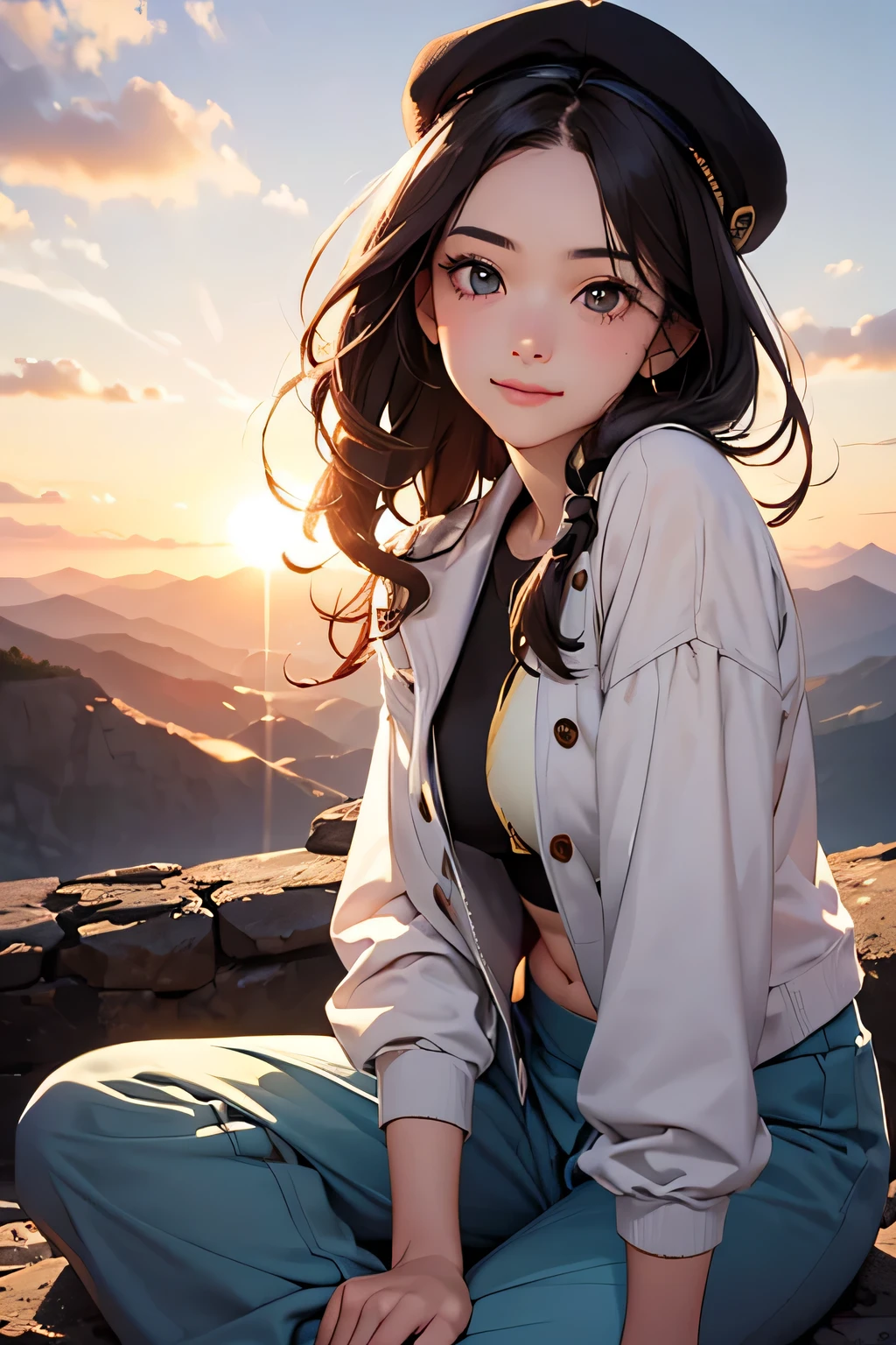 highest quality、High resolution、Detailed Background、(Beautiful face in every detail:1.4)、Anatomically correct、(Detailed facial expressions)、(Detailed eyes:1.2)、age beauty、(Highly detailed face:1.4)、cute hair color、Braided Ponytail、Bobcut、Braided long hair、Wavy Hairstyle、cute hairstyle、well-groomed eyebrows、Cute gestures、Summer Mountain seen from Fuji Mountain々、Sunrise Spot、Before dawn、
(Two beautiful girls smiling broadly at the summit with the sunrise in the background:1.5)、
Before dawn the sky begins to change from deep navy blue to orange.、From the top of Mt. Fuji, you can see the sea of clouds and the Fuji Five Lakes in the distance.、The sun began to rise in the eastern sky、The light is like a golden thread、Mountain々The clouds are gently illuminated.、
Climbing Mountain's clothing「Innerwear, mid-layers, and outerwear」These three layers are the basics.、Dress in layers、Put on your hat、Colorful Berets、Loose-fitting sarouel pants like Aladdin pants are comfortable and stylish.、The ethnic print wrap skirt gives off a summer vibe.、Wide pants with a botanical pattern are trendy、
These stretch pants have a slimming effect on your legs and are comfortable and stylish at the same time.、cute
