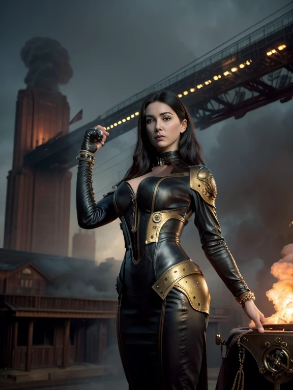 Monica Bellucci, a slender girl in a tight Genuine leather suit,weapons in hands,leather armor,weapon in a holster on the belt? steampunk, against the backdrop of a steam locomotive, (best quality, 4k, highres, masterpiece:1.2), ultra-detailed, (realistic, photorealistic, photo-realistic:1.37), dark and mysterious atmosphere, intense shadow and light contrast, vibrant colors, metallic textures, intricate gears and mechanical components, smoke and steam rising from the locomotive, confident and determined expression on her face, a hint of adventure in her gaze, detailed wrinkles and creases on her clothes, rugged and worn leather, a combination of Victorian fashion and futuristic elements, industrial landscape with rusty metal structures, sparks flying from machinery, dense cityscape in the background, towering skyscrapers and intricate bridges, a sense of movement and energy in the air, a surreal blend of past and future, a captivating and enigmatic scene.