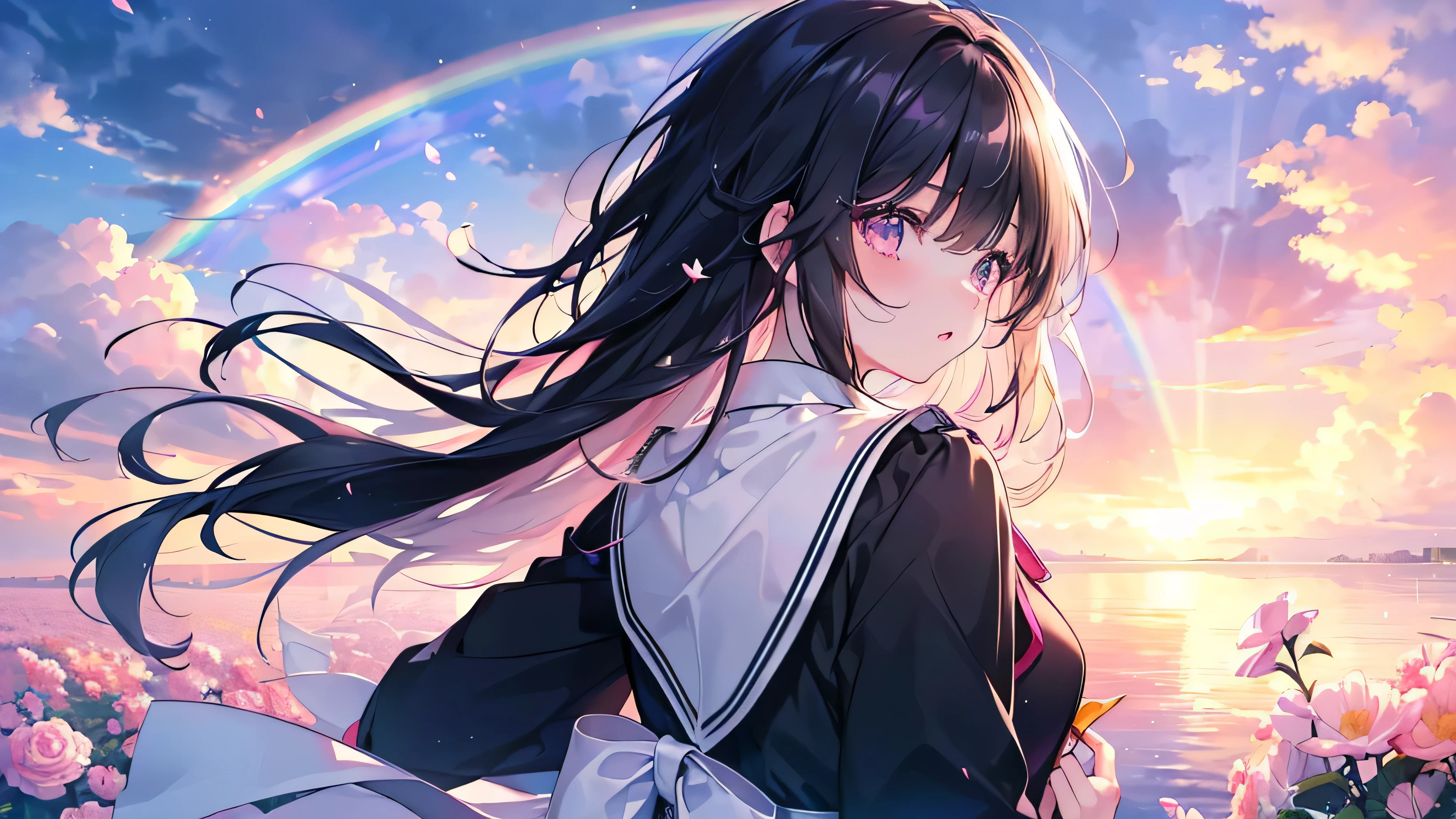 ((high school girl))、((uniform))、(Highest quality、masterpiece、Super Fine、Super Fine、Exquisite、16k、Full HD)、((Back view))、((Sky after rain、A rainbow appears))、Black Hair、Soft sunlight、((sunny))、Dark Eyes、Long eyelashes、White skin、Pale pink lips、(Pale pink cheeks、thin and long)、
