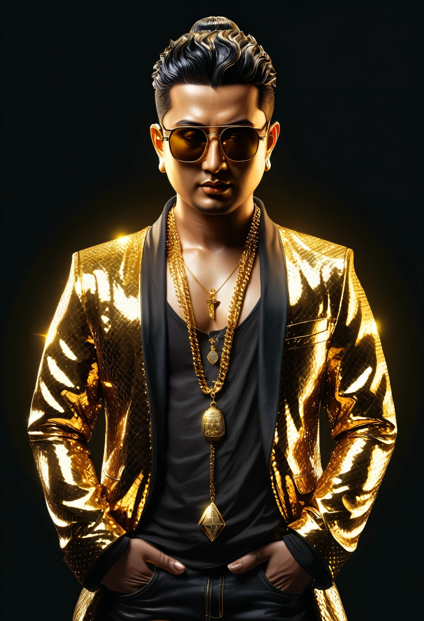 An illustration of Buddha, dressed in Glittering Fashion clothing, black jacket, dark golden shades, gold diamond chains, dark eyes glasses, in digital arts style, with volumetric lighting, more detail XL,Modern, ultra HD, 4K resolution ,Expressiveh