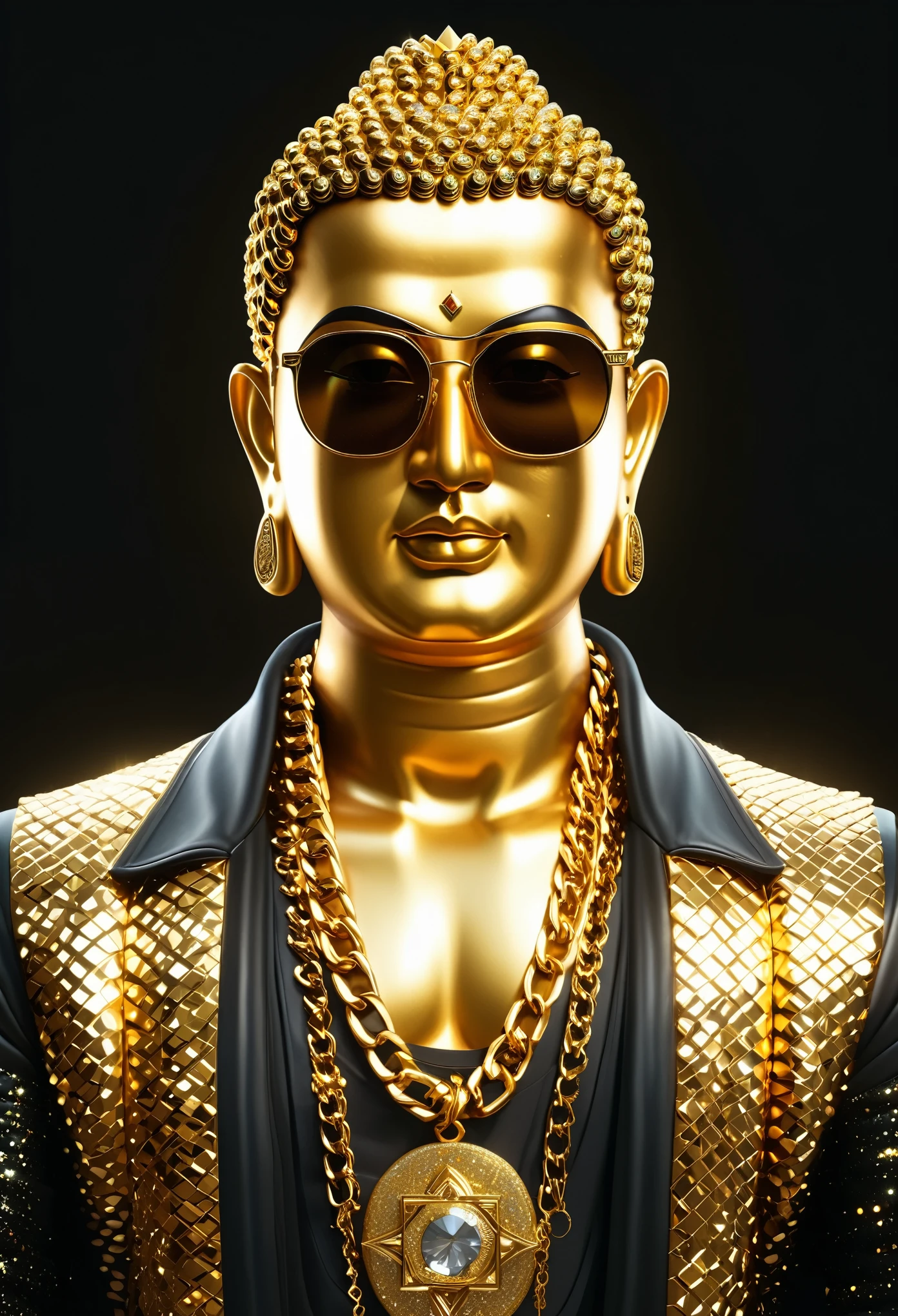 An illustration of Buddha, dressed in Glittering Fashion clothing, black jacket, dark golden shades, gold diamond chains, dark eyes glasses, in digital arts style, with volumetric lighting, more detail XL,Modern, ultra HD, 4K resolution ,Expressiveh