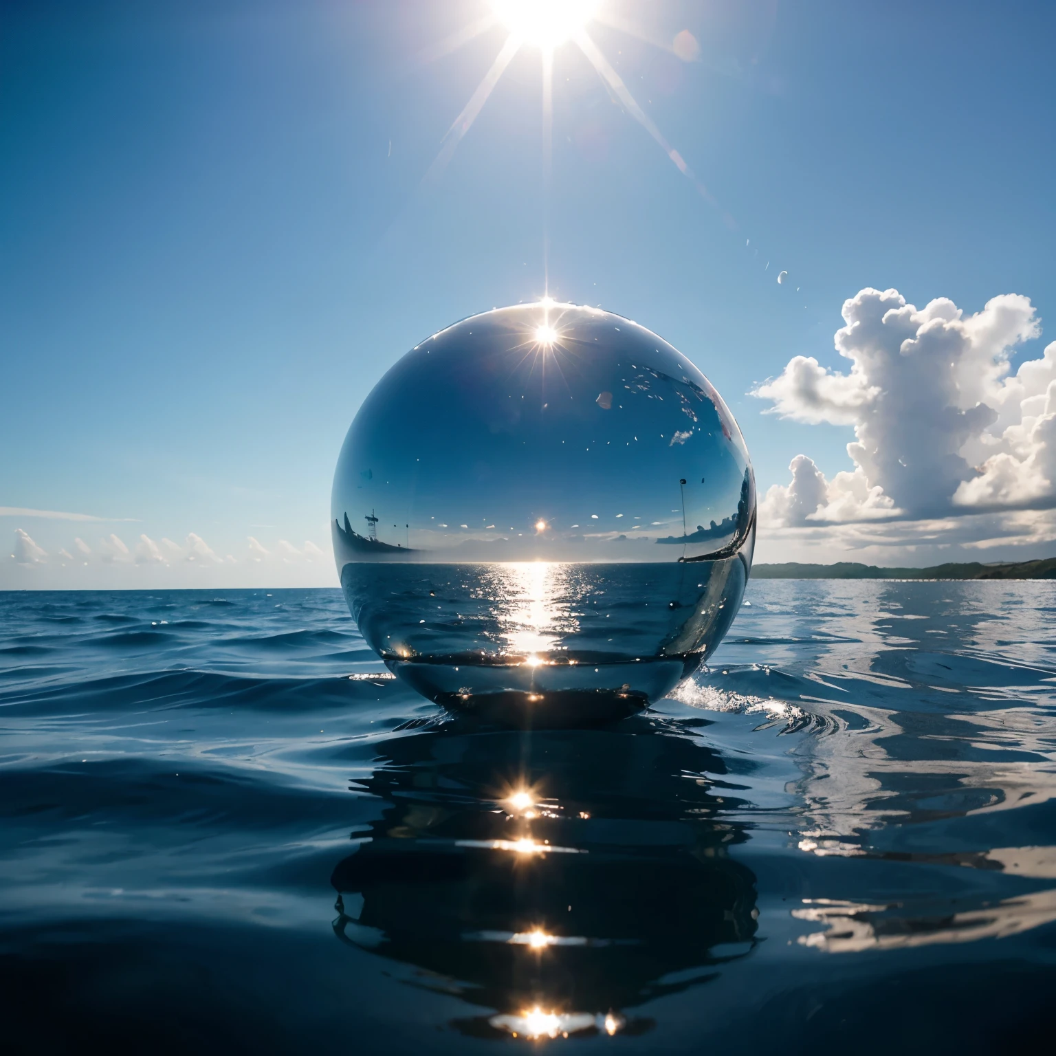 Perfectly smooth polished metal sphere floating above the water of an ocean, she is in the open sea only water and sky, Clear sky, em mar aberto, reflection only of water and sun.  