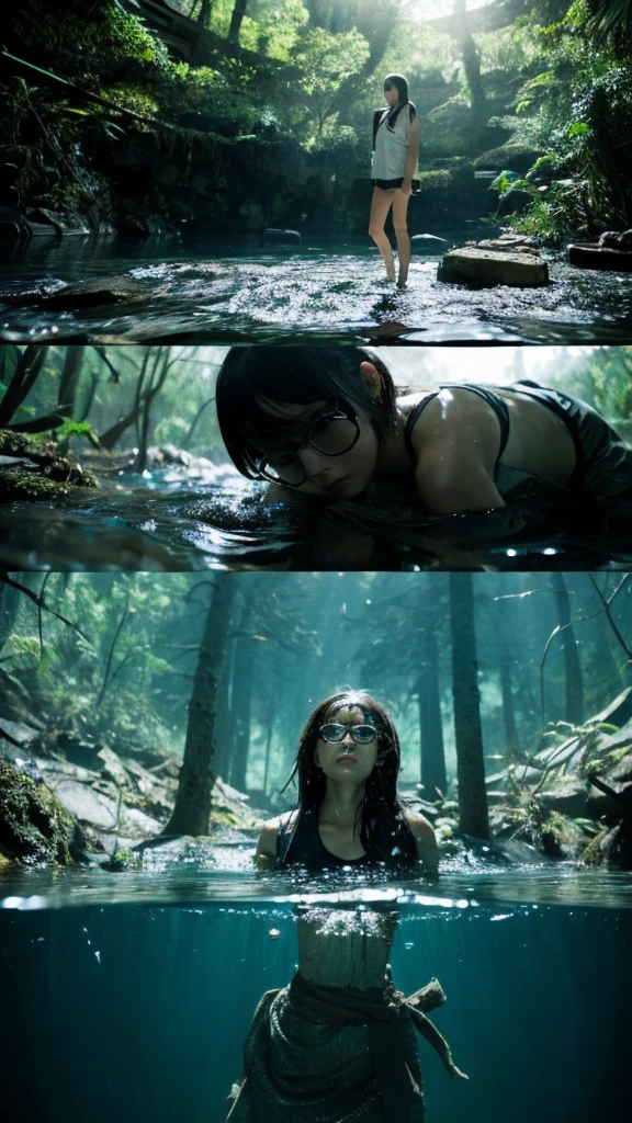 In the water,moss,Showa,Collapse,Devastation,Inside the ruins,Glasses,Women,adventure,Black and White,
