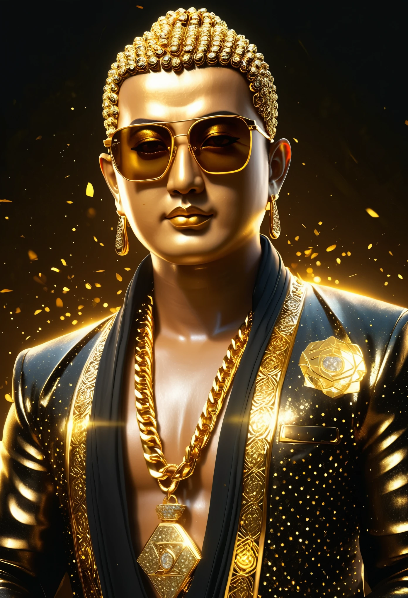 An illustration of Buddha, dressed in Glittering Fashion clothing, black jacket, dark golden shades, gold diamond chains, dark eyes glasses, in digital arts style, with volumetric lighting, more detail XL,Modern, ultra HD, 4K resolution ,Expressiveh