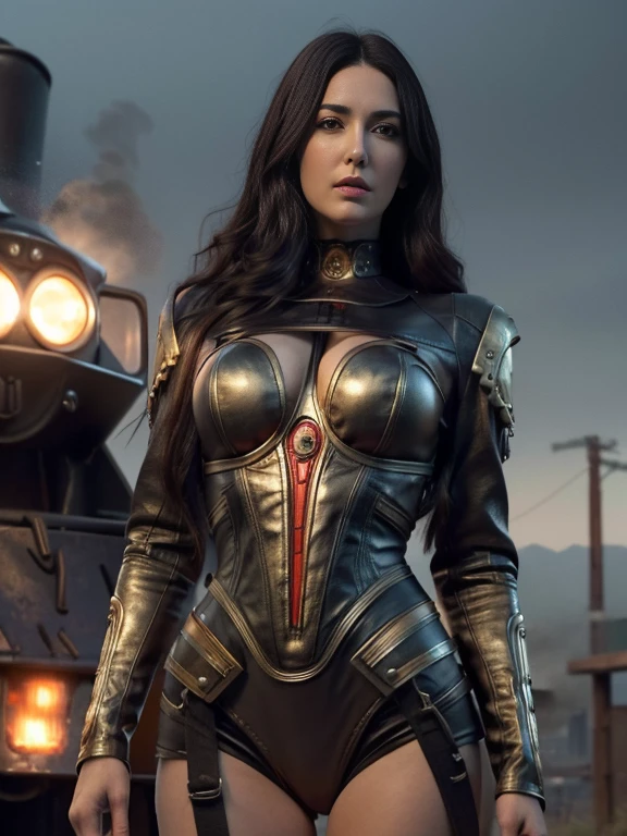 Monica Bellucci, a slender girl in a tight Genuine leather suit,weapons in hands,leather armor,weapon in a holster on the belt? steampunk, against the backdrop of a steam locomotive, (best quality, 4k, highres, masterpiece:1.2), ultra-detailed, (realistic, photorealistic, photo-realistic:1.37), dark and mysterious atmosphere, intense shadow and light contrast, vibrant colors, metallic textures, intricate gears and mechanical components, smoke and steam rising from the locomotive, confident and determined expression on her face, a hint of adventure in her gaze, detailed wrinkles and creases on her clothes, rugged and worn leather, a combination of Victorian fashion and futuristic elements, industrial landscape with rusty metal structures, sparks flying from machinery, dense cityscape in the background, towering skyscrapers and intricate bridges, a sense of movement and energy in the air, a surreal blend of past and future, a captivating and enigmatic scene.
