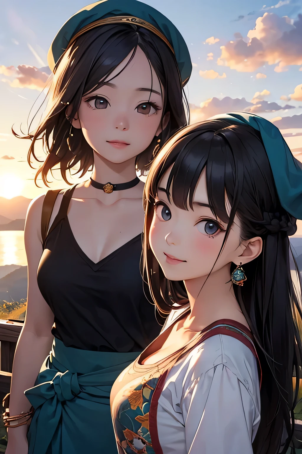 highest quality、High resolution、Detailed Background、(Beautiful face in every detail:1.4)、Anatomically correct、(Detailed facial expressions)、(Detailed eyes:1.2)、Teenage beauty、(Highly detailed face:1.4)、cute hair color、Braided Ponytail、Bobcut、Braided long hair、Wavy Hairstyle、cute hairstyle、well-groomed eyebrows、Cute gestures、Summer Mountain seen from Fuji Mountain々、Sunrise Spot、Before dawn、

(Two beautiful girls smiling broadly at the summit with the sunrise in the background:1.5)、

Before dawn the sky begins to change from deep navy blue to orange.、From the top of Mt. Fuji, you can see the sea of clouds and the Fuji Five Lakes in the distance.、The sun began to rise in the eastern sky、The light is like a golden thread、Mountain々The clouds are gently illuminated.、

Climbing Mountain&#39;s clothing「Innerwear, mid-layers, and outerwear」These three layers are the basics.、Dress in layers、Put on your hat、Colorful Berets、Loose-fitting sarouel pants like Aladdin pants are comfortable and stylish.、The ethnic print wrap skirt gives off a summer vibe.、Wide pants with a botanical pattern are trendy、
These stretch pants have a slimming effect on your legs and are comfortable and stylish at the same time.、cute