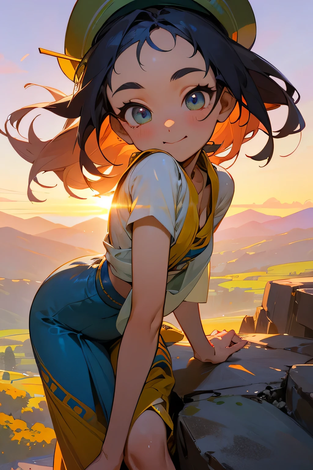highest quality、High resolution、Detailed Background、(Beautiful face in every detail:1.4)、Anatomically correct、(Detailed facial expressions)、(Detailed eyes:1.2)、age beauty、(Highly detailed face:1.4)、cute hair color、Braided Ponytail、Bobcut、Braided long hair、Wavy Hairstyle、cute hairstyle、well-groomed eyebrows、Cute gestures、Summer Mountain seen from Fuji Mountain々、Sunrise Spot、Before dawn、
(Two beautiful girls smiling broadly at the summit with the sunrise in the background:1.5)、
Before dawn the sky begins to change from deep navy blue to orange.、From the top of Mt. Fuji, you can see the sea of clouds and the Fuji Five Lakes in the distance.、The sun began to rise in the eastern sky、The light is like a golden thread、Mountain々The clouds are gently illuminated.、
Climbing Mountain's clothing「Innerwear, mid-layers, and outerwear」These three layers are the basics.、Dress in layers、Put on your hat、Colorful Berets、Loose-fitting sarouel pants like Aladdin pants are comfortable and stylish.、The ethnic print wrap skirt gives off a summer vibe.、Wide pants with a botanical pattern are trendy、
These stretch pants have a slimming effect on your legs and are comfortable and stylish at the same time.、cute