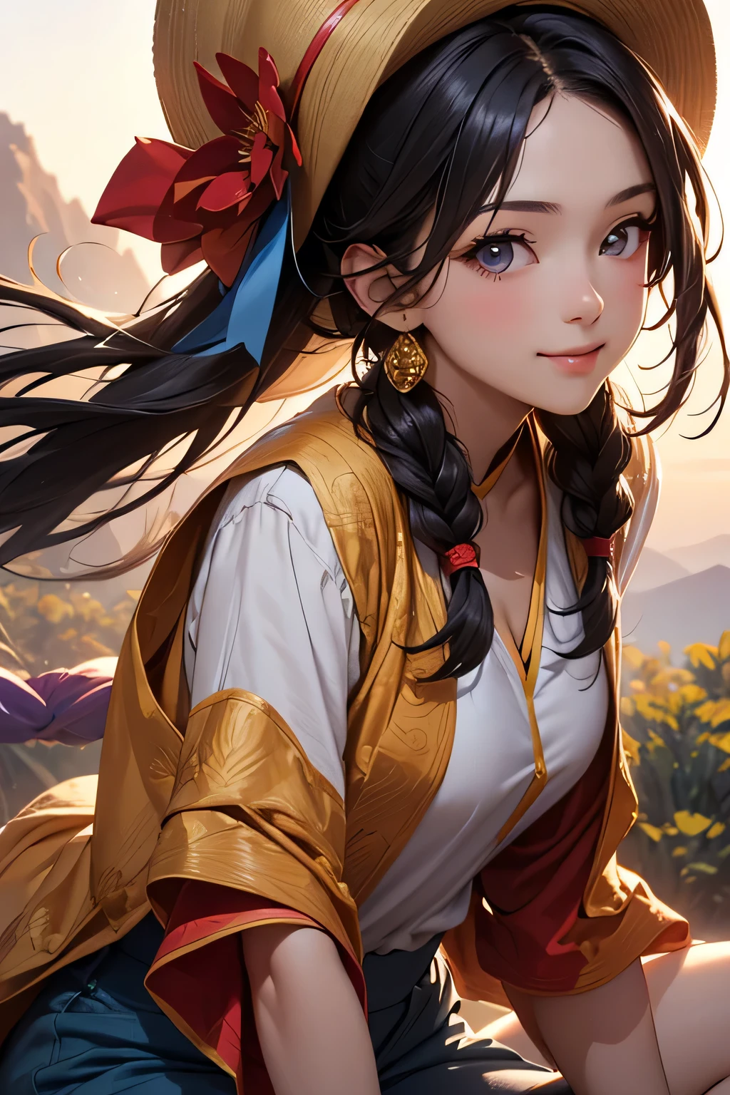 highest quality、High resolution、Detailed Background、(Beautiful face in every detail:1.4)、Anatomically correct、(Detailed facial expressions)、(Detailed eyes:1.2)、age beauty、(Highly detailed face:1.4)、cute hair color、Braided Ponytail、Bobcut、Braided long hair、Wavy Hairstyle、cute hairstyle、well-groomed eyebrows、Cute gestures、Summer Mountain seen from Fuji Mountain々、Sunrise Spot、Before dawn、
(Two beautiful girls smiling broadly at the summit with the sunrise in the background:1.5)、
Before dawn the sky begins to change from deep navy blue to orange.、From the top of Mt. Fuji, you can see the sea of clouds and the Fuji Five Lakes in the distance.、The sun began to rise in the eastern sky、The light is like a golden thread、Mountain々The clouds are gently illuminated.、
Climbing Mountain's clothing「Innerwear, mid-layers, and outerwear」These three layers are the basics.、Dress in layers、Put on your hat、Colorful Berets、Loose-fitting sarouel pants like Aladdin pants are comfortable and stylish.、The ethnic print wrap skirt gives off a summer vibe.、Wide pants with a botanical pattern are trendy、
These stretch pants have a slimming effect on your legs and are comfortable and stylish at the same time.、cute