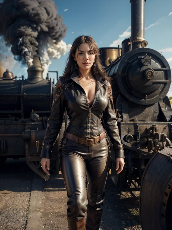 Monica Bellucci, a slender girl in a tight Genuine leather suit,weapons in hands,leather armor,weapon in a holster on the belt? steampunk, against the backdrop of a steam locomotive, (best quality, 4k, highres, masterpiece:1.2), ultra-detailed, (realistic, photorealistic, photo-realistic:1.37), dark and mysterious atmosphere, intense shadow and light contrast, vibrant colors, metallic textures, intricate gears and mechanical components, smoke and steam rising from the locomotive, confident and determined expression on her face, a hint of adventure in her gaze, detailed wrinkles and creases on her clothes, rugged and worn leather, a combination of Victorian fashion and futuristic elements, industrial landscape with rusty metal structures, sparks flying from machinery, dense cityscape in the background, towering skyscrapers and intricate bridges, a sense of movement and energy in the air, a surreal blend of past and future, a captivating and enigmatic scene.