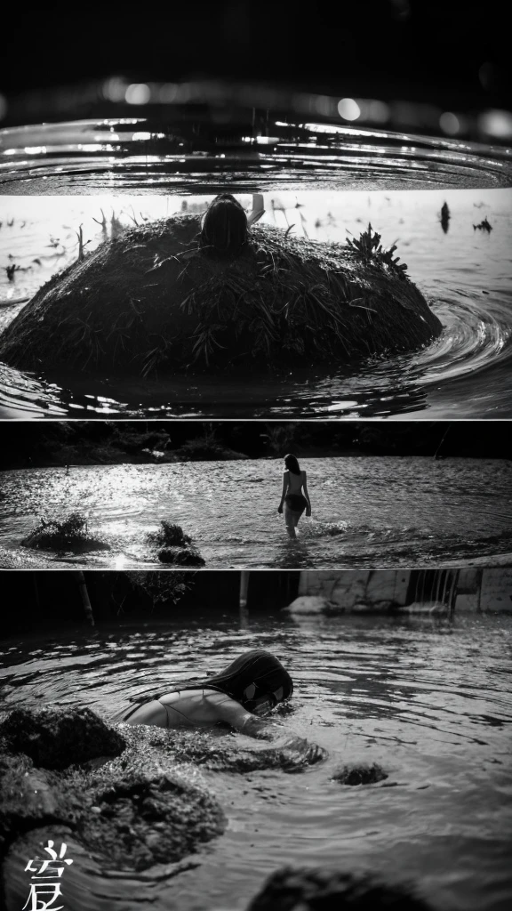 In the water,moss,Showa,Collapse,Devastation,Inside the ruins,Glasses,Women,adventure,Black and White,