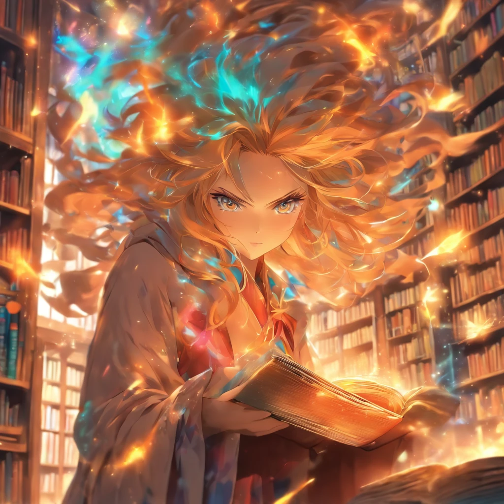 girl、Wizard、library、reading、Serious expression