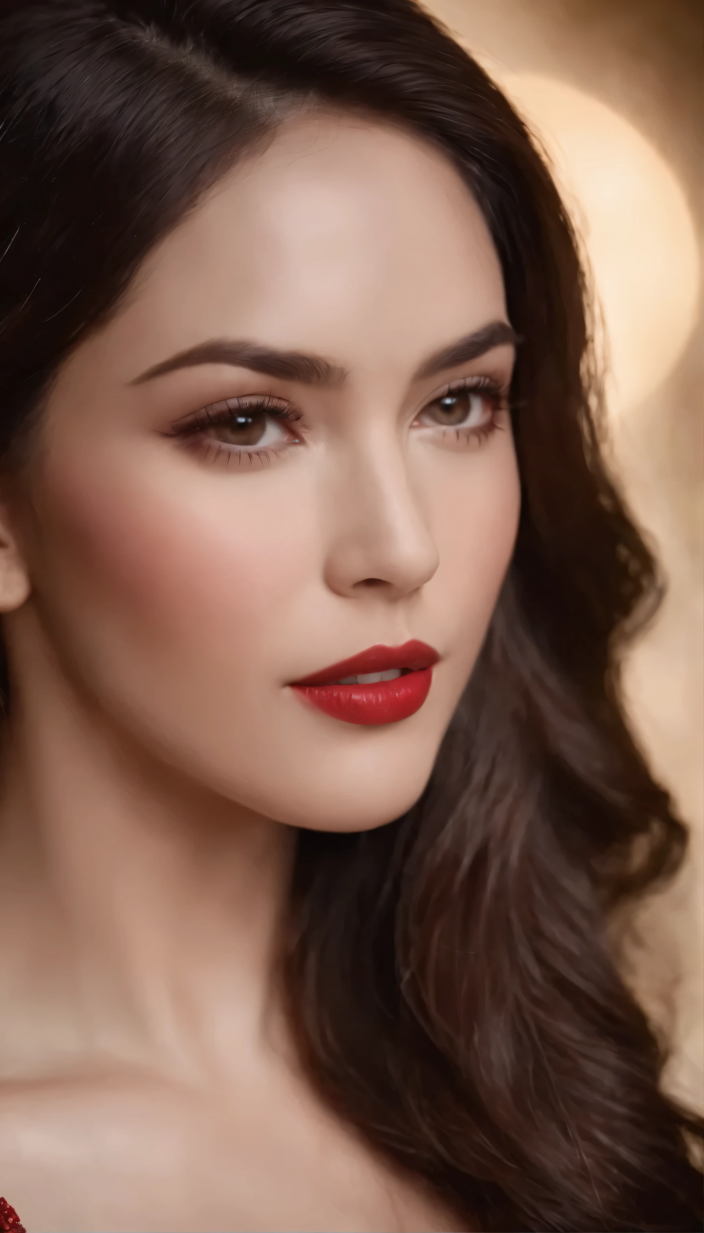 (Masterpiece: 1.3) • Radiant Enchantress • Charm inspired by Megan Fox from Transformers • Awe-inspiring physique with seductive curves • Facial details reminiscent of a Greek god:1.1. Long, shiny, dark brown hair that cascades down her back:1.1 • Ultra-detailed faces showcasing unique features • Express a blend of emotions、Captivating and captivating eyes •Expressive lips that whisper untold stories •Double eyelids that accentuate the beauty of her eyes。 Wearing a vibrant red