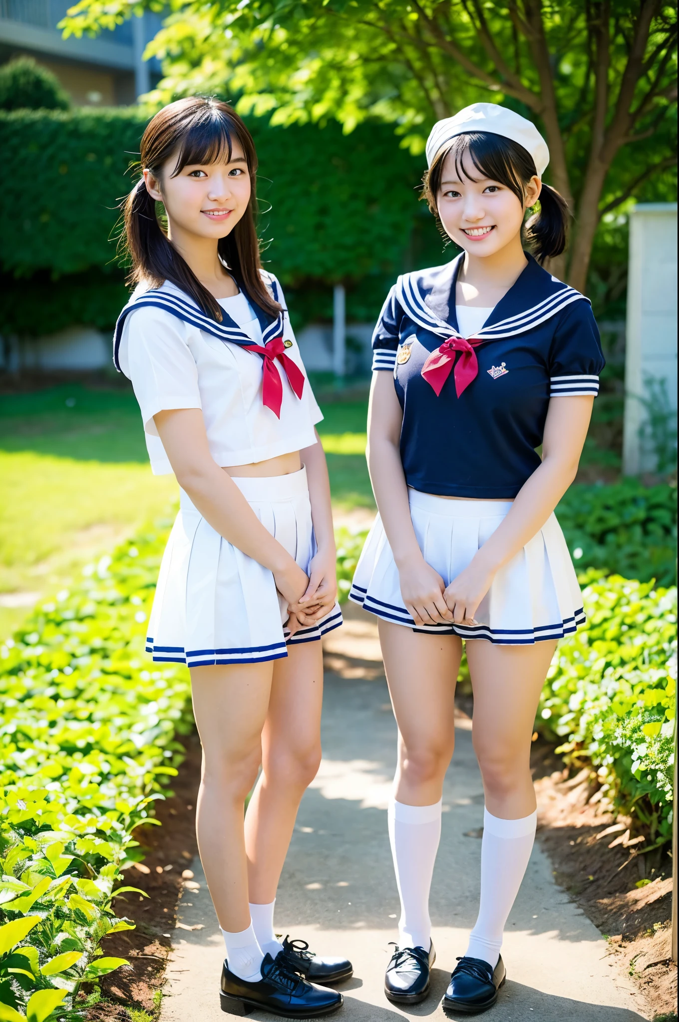 2 girls in school garden,sailor bikini,white socks,18-year-old,bangs,a little smile,thighs,knees,short hair and low pigtails with barrette,from below,front light