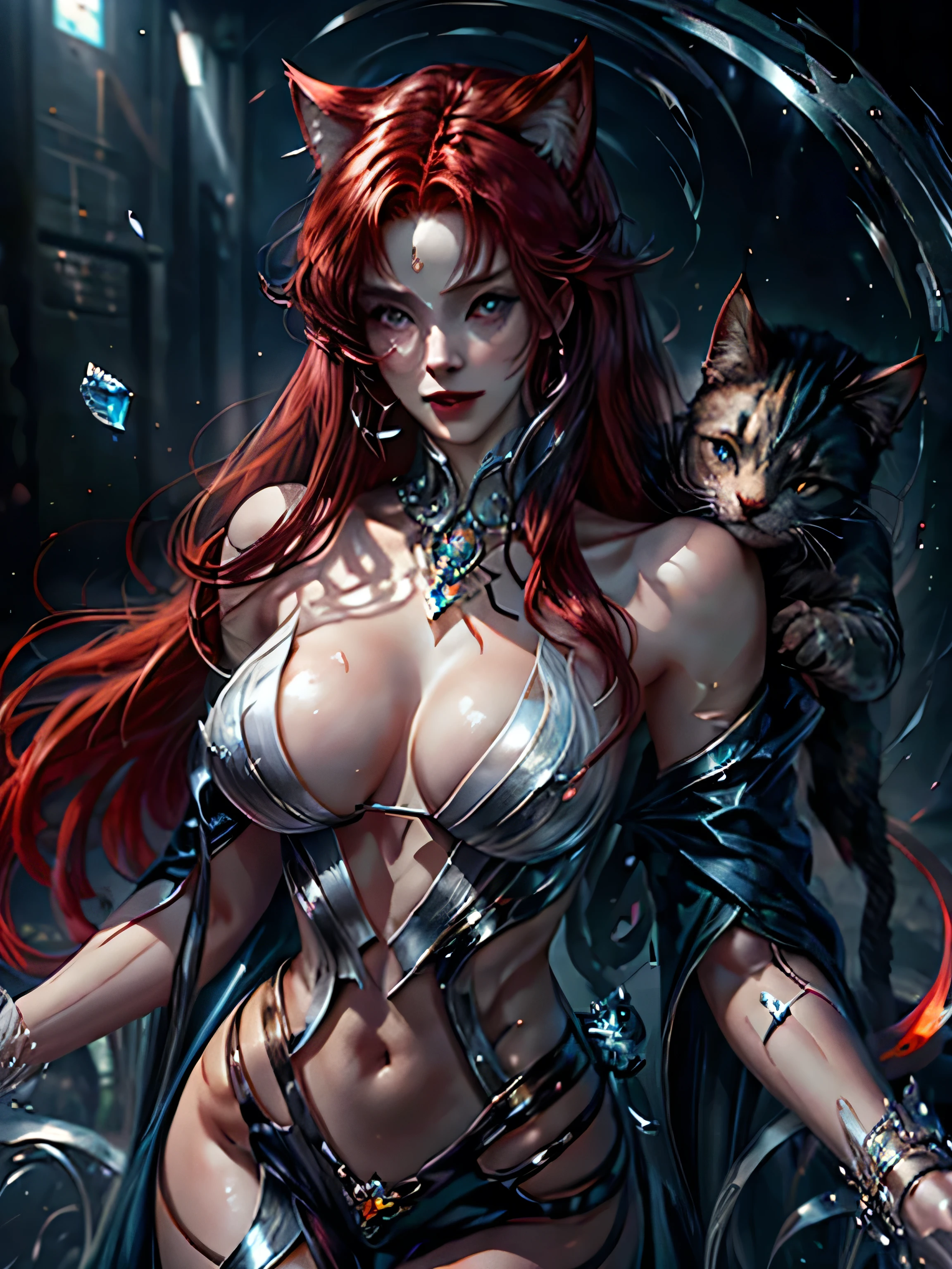(Best Quality, 8K, Masterpiece, HDR, Soft Lighting, Picture Perfect, Realistic, Vivid), (woman, red hair, brown eyes, cat ears, close to man)( man, male, black hair, blue eyes, Man with cat ears, get ear) woman and man, cat ears, couple, (((full size figure))) Eyes looking at camera (with long red hair, long bangs, Forehead, smile, seductive, anime character portrait inspired) color difference, depth of field, dramatic shadow, ray tracing, best quality, highly detailed CG, 8K wallpaper, [Carefully rendered hair [Read more about beautiful and shiny hair]] ,(Perfect hand detail [ Beautiful fingers without breakage [Beautiful nails]],(Perfect anatomy (Perfect proportions)) [[Resembles the whole body]],[Perfect color coordination (Accurate imitation of the interaction of light and material)], [Fine art, conveying the meaning of the story]