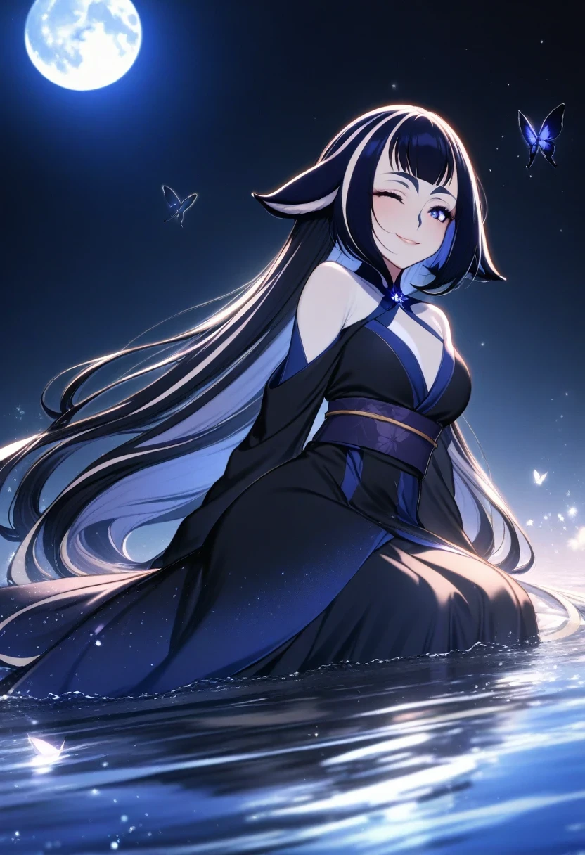 (shylily/(Twich/):1.5),(masterpiece:1.2),(best quality:1.2),32k, Perfect body, Lovely , Lovely smile, Lovely dress, long hair, Black skirt, ((Black butterfly)), ((Black butterfly hair ornament)), ((Black butterfly shaped brooch)), ((Black butterfly dress)), ((Black light particles)), (((Good quality))), ((Black Kimono)), ((Black Japanese clothing)), (((Floor on water))), ((Full Moon)),