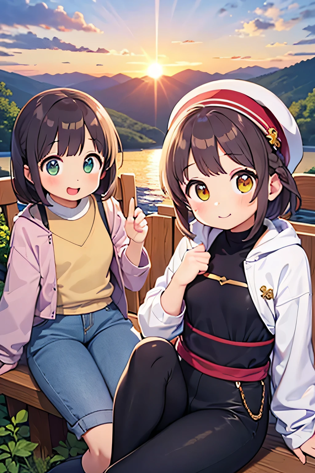 highest quality、High resolution、Detailed Background、(Beautiful face in every detail:1.4)、Anatomically correct、(Detailed facial expressions)、(Detailed eyes:1.2)、Teenage beauty、(Highly detailed face:1.4)、cute hair color、Braided Ponytail、Bobcut、Braided long hair、Wavy Hairstyle、cute hairstyle、well-groomed eyebrows、Cute gestures、Summer Mountain seen from Fuji Mountain々、Sunrise Spot、Before dawn、
(Two beautiful girls smiling broadly at the summit with the sunrise in the background:1.5)、
Before dawn the sky begins to change from deep navy blue to orange.、From the top of Mt. Fuji, you can see the sea of clouds and the Fuji Five Lakes in the distance.、The sun began to rise in the eastern sky、The light is like a golden thread、Mountain々The clouds are gently illuminated.、
Climbing Mountain's clothing「Innerwear, mid-layers, and outerwear」These three layers are the basics.、Dress in layers、Put on your hat、Colorful Berets、Loose-fitting sarouel pants like Aladdin pants are comfortable and stylish.、The ethnic print wrap skirt gives off a summer vibe.、Wide pants with a botanical pattern are trendy、
These stretch pants have a slimming effect on your legs and are comfortable and stylish at the same time.、cute