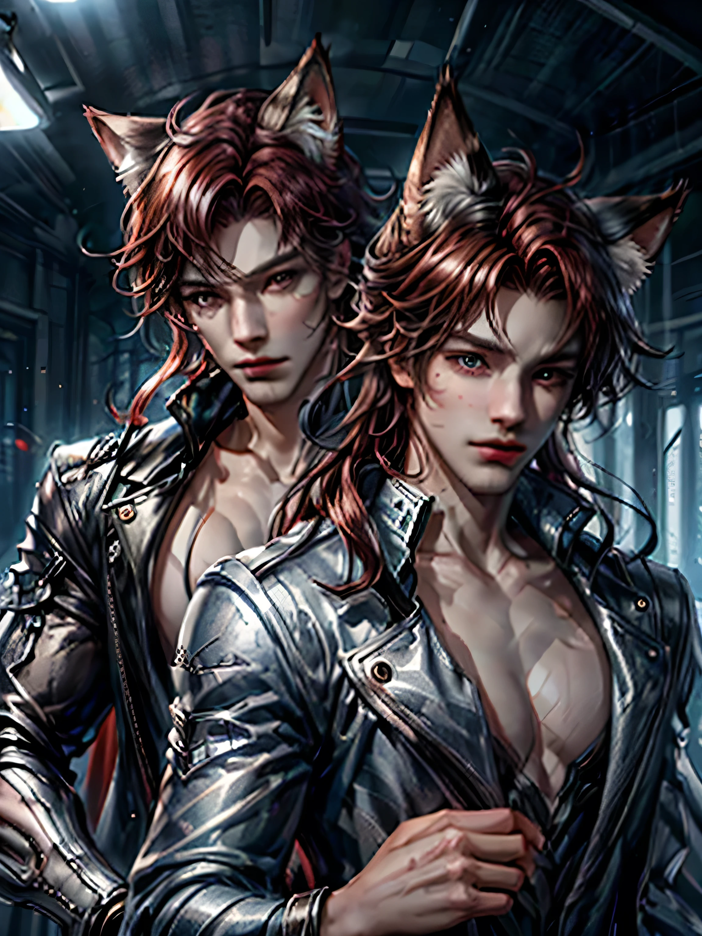 (Best Quality, 8K, Masterpiece, HDR, Soft Lighting, Picture Perfect, Realistic, Vivid), (woman, red hair, brown eyes, cat ears, close to man)( man, male, black hair, blue eyes, Man with cat ears, get ear) woman and man, cat ears, couple, (((full size figure))) Eyes looking at camera (with long red hair, long bangs, Forehead, smile, seductive, anime character portrait inspired) color difference, depth of field, dramatic shadow, ray tracing, best quality, highly detailed CG, 8K wallpaper, [Carefully rendered hair [Read more about beautiful and shiny hair]] ,(Perfect hand detail [ Beautiful fingers without breakage [Beautiful nails]],(Perfect anatomy (Perfect proportions)) [[Resembles the whole body]],[Perfect color coordination (Accurate imitation of the interaction of light and material)], [Fine art, conveying the meaning of the story]