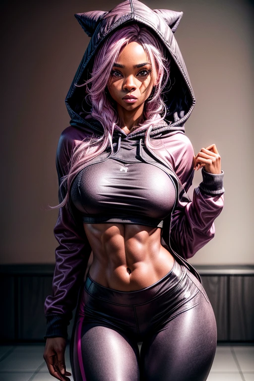 {(Sha'Carri Richardson
Velocista, usando (legging preto de couro), e uma (pink fleece hooded sweatshirt), (sensual)athletic body, cintura fina, coxas musculosas}.