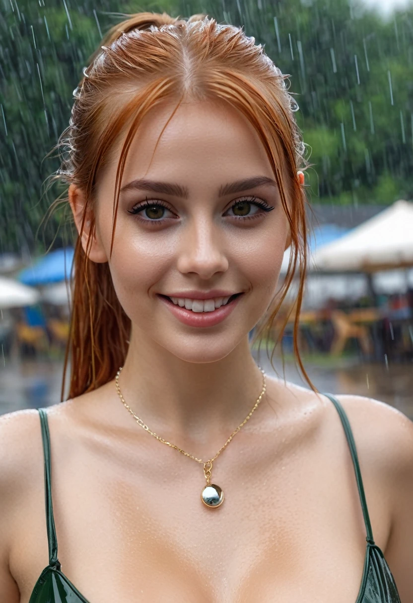 hyperrealistic beautiful busty 18-year-old women bikini with see-through vinyl raincoat, model shooting full body photography, view from behind, natural redhead short straight ponytail, dark eye makeup with eyeliner, seductive smile, small necklace, 8K, Best quality, Meisterwerk, ultra high resolution, (Realismus: 1.4), Originalfoto, (realistische Hautstruktur: 1.3), (Filmkorn: 1.3), (Selfie-Winkel), 1 girl, Beautiful round hazel eyes and facial details, Meisterwerk, Best quality, posing outside in the rain, nsfw