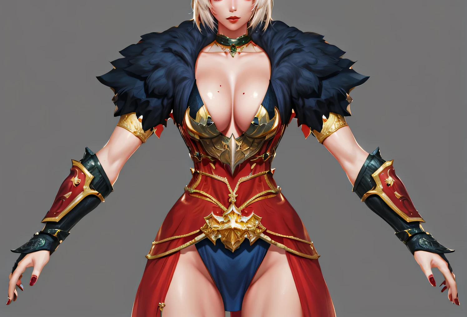 Close-up of woman in red and gold clothing, Gorgeous bikini armor, Ultra-detailed fantasy characters, Humanity :: witch, mighty plump female witch, Detailed upper body, very detailed character, Female characters, Close-up characters, Detailed body, high texture detail), Full body details, Female Mage, WLOP's style，3D Character Art，Ashe，2。5 D CGI Anime Fantasy Artwork，CGScosiety，Close-up characters，As seen on the Art Station