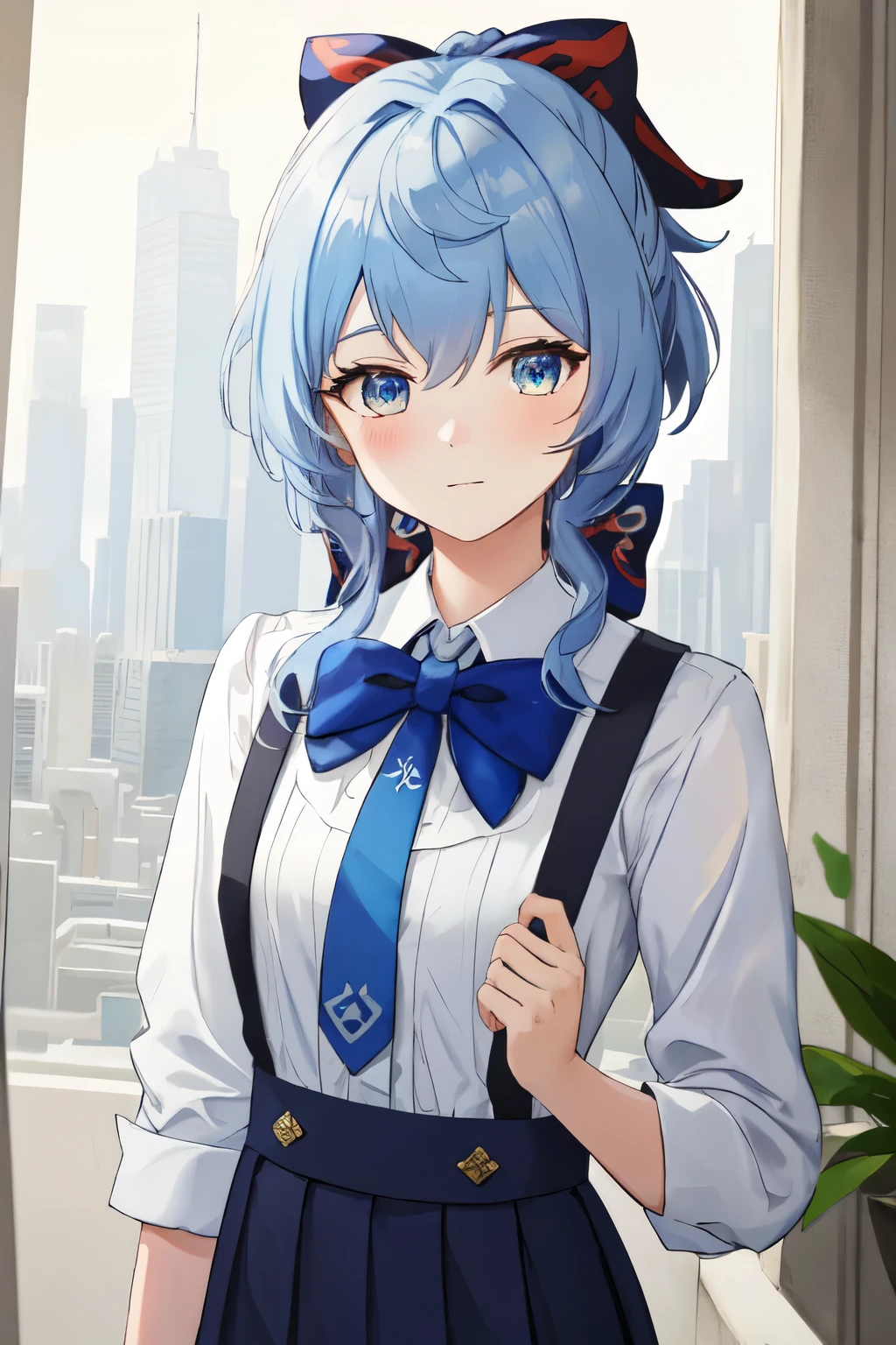 best quality, masterpiece, highres, solo, {shirt:1.40}, {ganyu_genshin:1.15}, blue_hair, blue_eyes, bangs, ponytail, short_hair, sidelocks, hair_between_eyes, bow, hair_bow, blush, normal_breasts, shirt_with_tie, suit