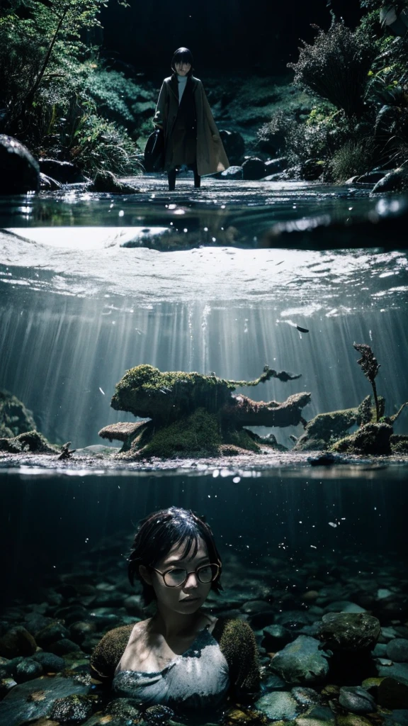 In the water,moss,Showa,Collapse,Devastation,Inside the ruins,Glasses,Women,adventure,Black and White,