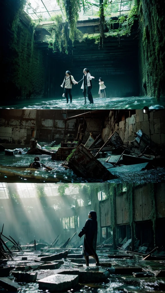 In the water,moss,Showa,Collapse,Devastation,Inside the ruins,Glasses,Women,adventure,Black and White,