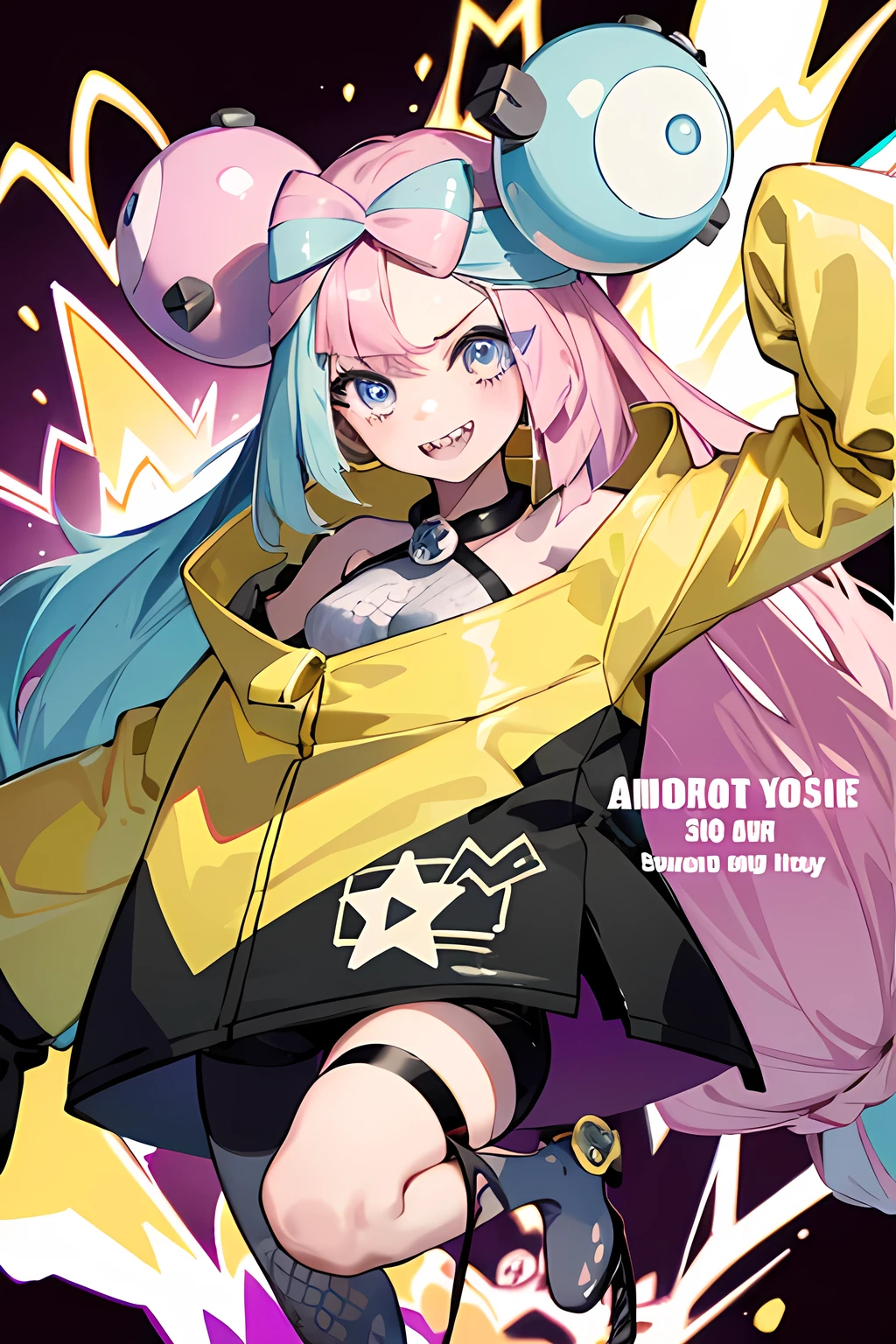 Highest quality、masterpiece、Anime Style、Pink hair and blue eyes、Baggy yellow jacket、Raise your right hand high、Lower your left hand、Stand with only your right foot、Lift your left leg。Sharp teeth、smile、White background、Purple to yellow gradient eyes