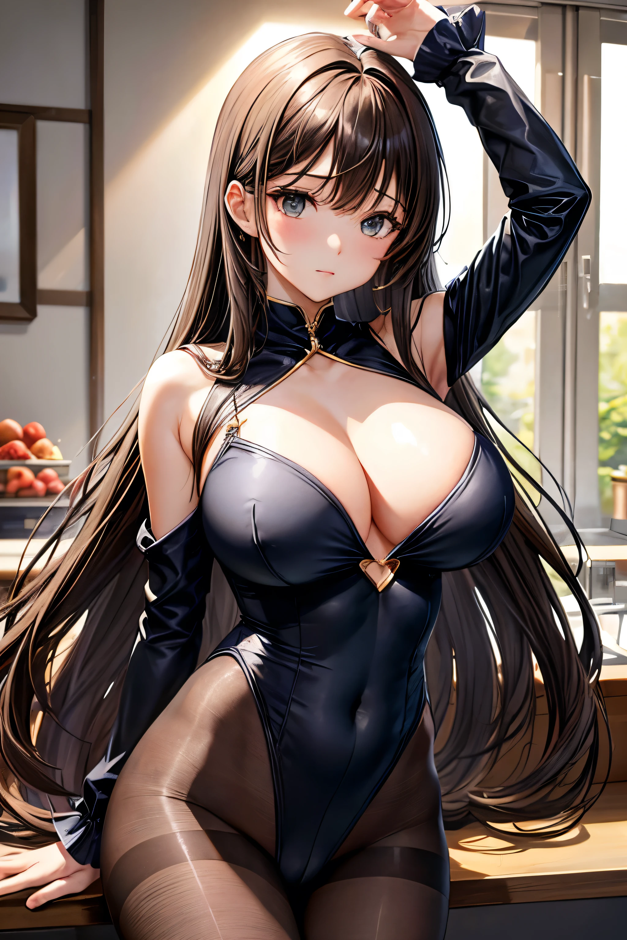 1 female、Very large breasts、Bursting breasts、Long Hair、Straight Hair、Bangs、Brown Hair、High leg cut、Navy leotard、Matte material、Black Pantyhose