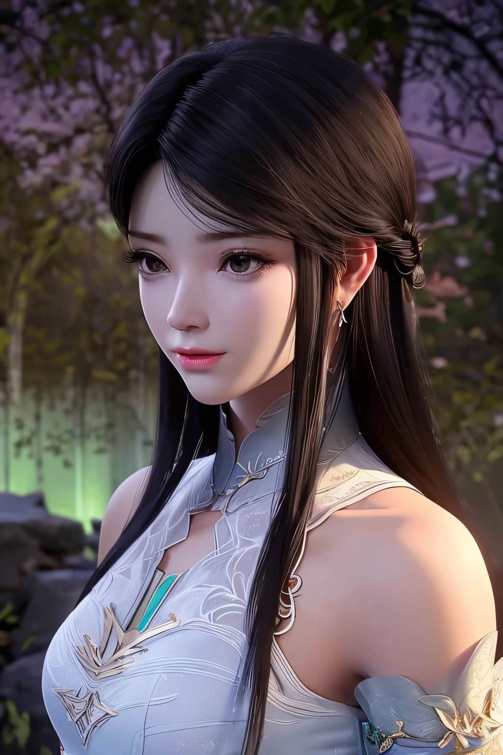 1 beautiful girl wearing ancient costumes, ((pink and light white outfit: 0.8)), Long and silky black hair, hair jewelry and necklaces, Beautiful little face Thin eyebrows, the most beautiful and spotless face, the very beautiful eyes, big round black eyes, fine and detailed makeup eyelashes, High nose, wearing earrings,Small red lips, rosy face, Enlarged and round breasts, tight breasts, breast augmentation,Slim and body, Portrait of a beautiful girl, 8k photo, super high quality, super realistic, 10x super pixels, photo realistic, dark studio, border light, two tone light, (detailed skin) high: 1.2), 8k uhd, dslr, soft light, high quality, volumetric light, candid, Photo, high resolution, 4k quality, 8k, Bokeh, Smooth and sharp, pixel up 10 times, (background wood: 1.8), (galaxy: 1.7), aurora, lightning, (Aurora Background: 1.8),