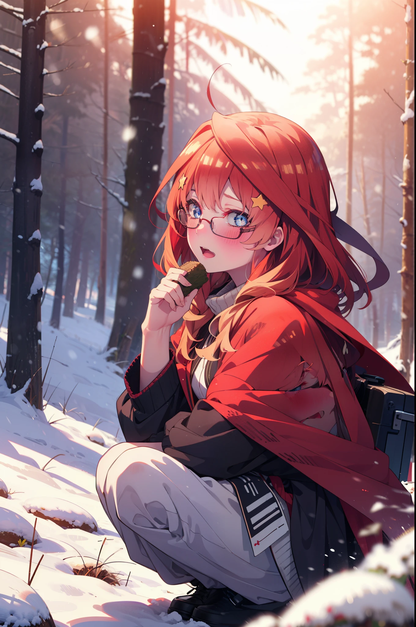 itsukinakano, Itsuki Nakano, bangs, blue eyes, Hair between the eyes, Ahoge, Redhead, star \(symbol\), hair ornaments, star hair ornaments,smile,blush,White Breath,Akagi Glasses,
Open your mouth,snow, Ground bonfire, Outdoor, boots, snowing, From the side, wood, suitcase, Cape, Blurred, Increase your meals, forest, White handbag, nature, Squat, Mouth closed, フードed Cape, winter, Written boundary depth, Black shoes, red Cape break looking at viewer, Upper Body, whole body, break Outdoor, forest, nature, break (masterpiece:1.2), highest quality, High resolution, unity 8k wallpaper, (shape:0.8), (Beautiful and beautiful eyes:1.6), Highly detailed face, Perfect lighting, Highly detailed CG, (Perfect hands, Perfect Anatomy),