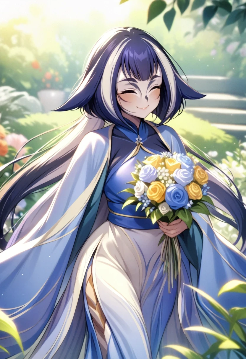 (shylily/(Twich/):1.5),(masterpiece:1.2),(best quality:1.2),Girl standing in beautiful garden、Smile、She has a big bouquet、Cute ethnic wear style dress,Ruffles at shoulders、hair blowing in the wind