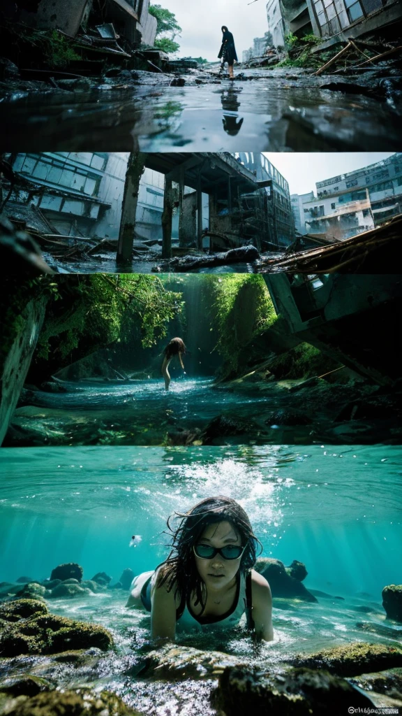 In the water,moss,Showa,Collapse,Devastation,Inside the ruins,Glasses,Women,adventure,Black and White,