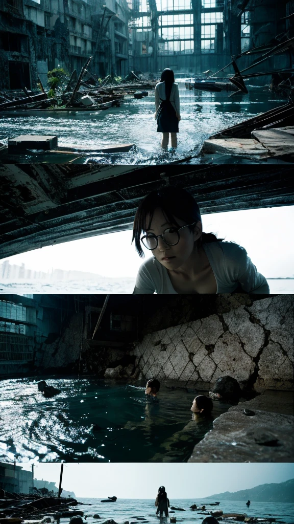 In the water,moss,Showa,Collapse,Devastation,Inside the ruins,Glasses,Women,adventure,Black and White,
