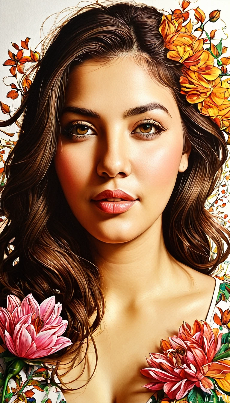 crea una mujer , flores, obra maestra, estilo ilustracion de Ali Erturk, alto detalle, hiperrealista, luz natural,ilustracion , colores llamativos