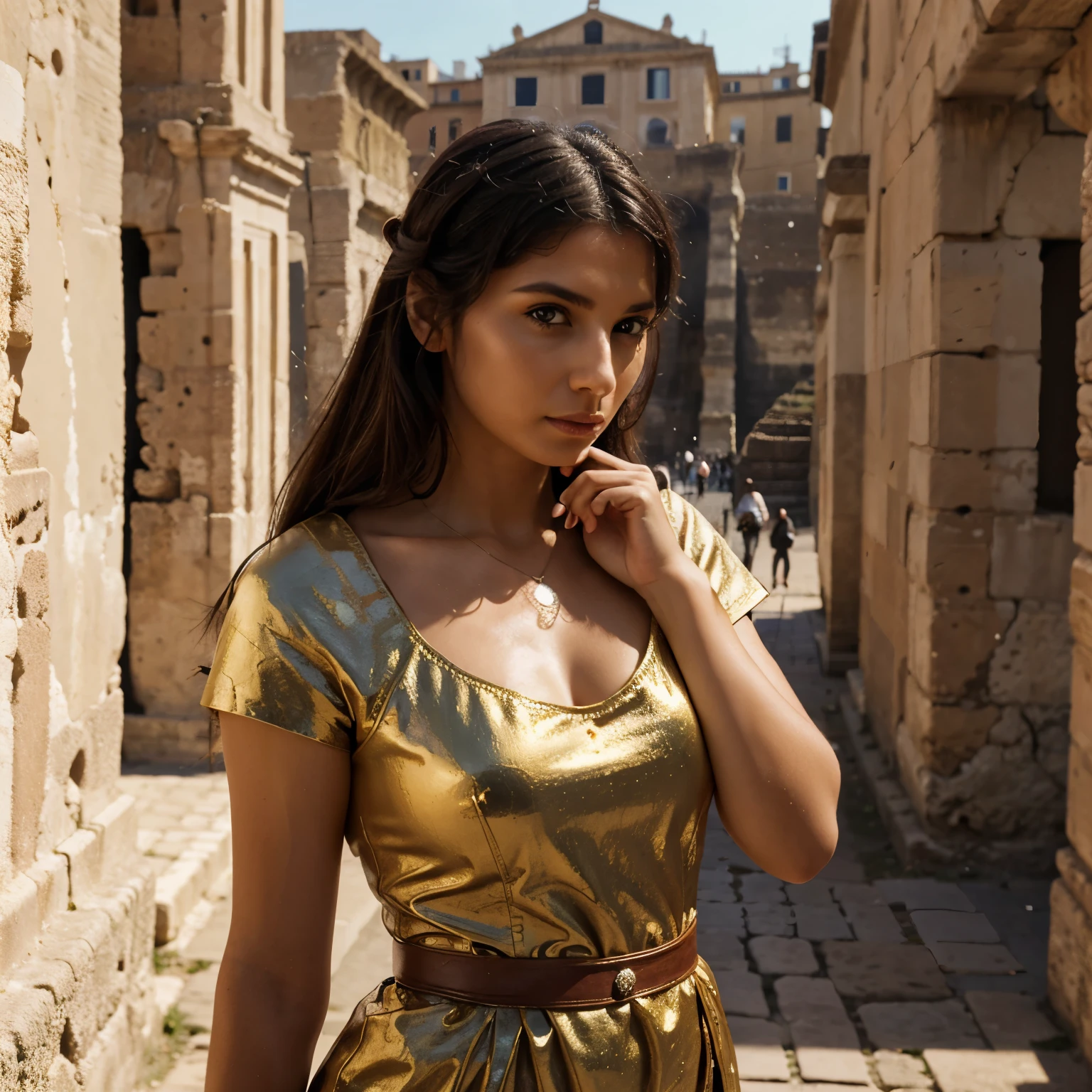 Hyperrealistic woman 32k photo master piece hyperrealistic woman background ancient city rome.