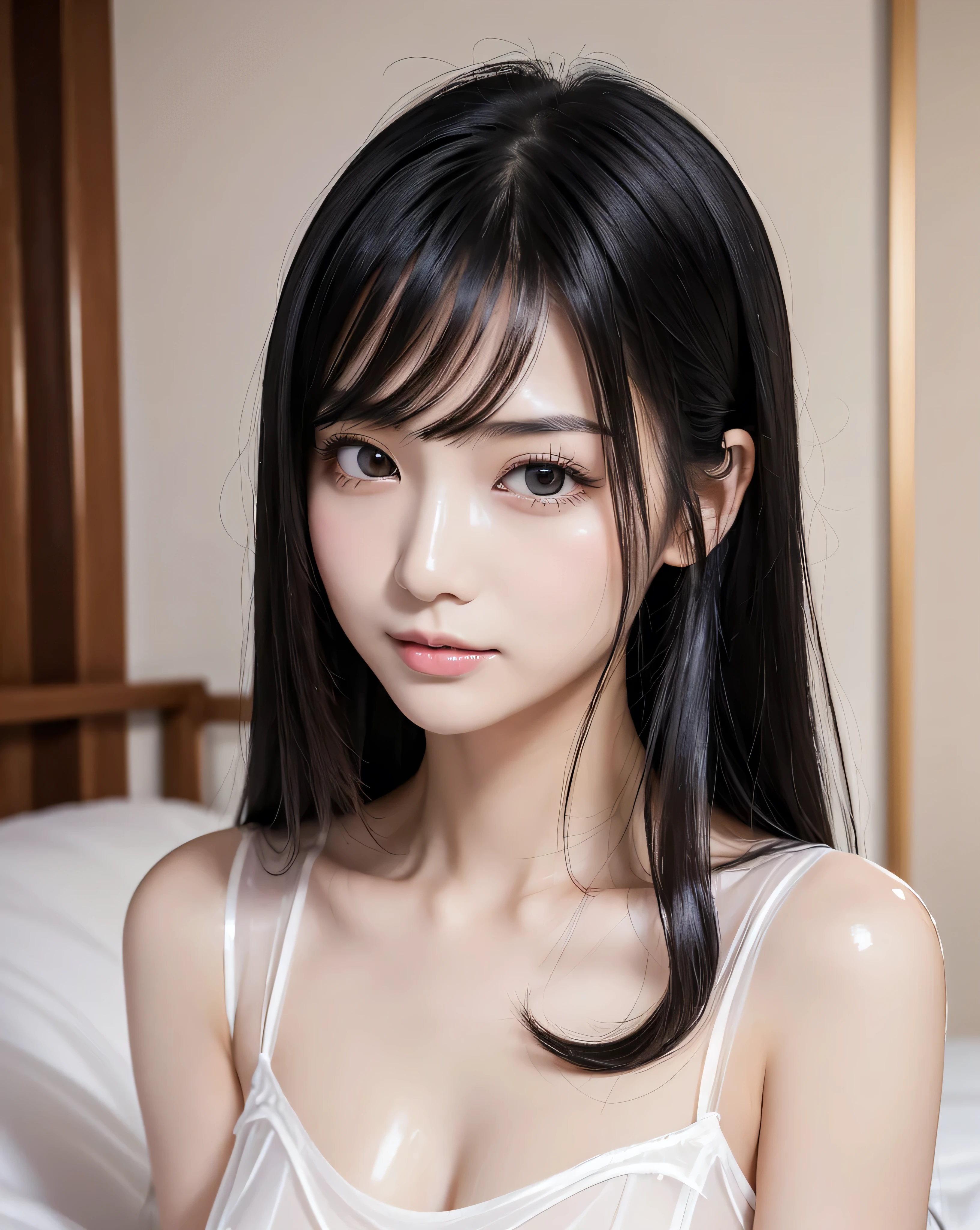 (highest quality), ((32k)), (High resolution), (masterpiece:1.5), internal_jet, painted in abstract style、Haunting fantasy portraits, A lovely morning awakening, In a swirl of pastel colors and soft light, A sense of calm and elusive beauty, Expressing emotions, Have a rich imagination, Beautiful Japanese Girl, Very beautiful face, Small Face Beauty, Perfect Human Anatomy, Magic big eye, Motherhood and generosity, deep love, A fleeting smile, ((Shiny black hair:1.3), (Intricately tousled super long straight silk hair)), Asymmetrical bangs, Hair between the eyes, transparent, Soft white skin, Sharp eyebrows, Thin lashes, Natural Makeup, Cheek Highlighter, Pale pink lips, ((白いtransparentキャミソール:1.4)), High resolutionの完璧な鎖骨, High resolutionの美しい胸元, Slim figure and ample breasts, High resolutionの美しい太もも, ((At the bed))Professional Lighting, Professional Photographer, Professional models, Mysterious