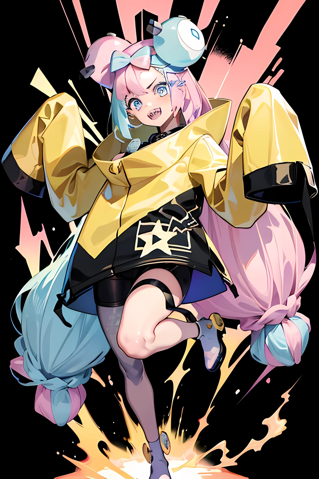 Highest quality、masterpiece、Anime Style、Pink hair and blue eyes、Baggy yellow jacket、Raise your right hand high、Lower your left hand、Stand with only your right foot、Lift your left leg。Sharp teeth、smile、White background、Purple to yellow gradient eyes