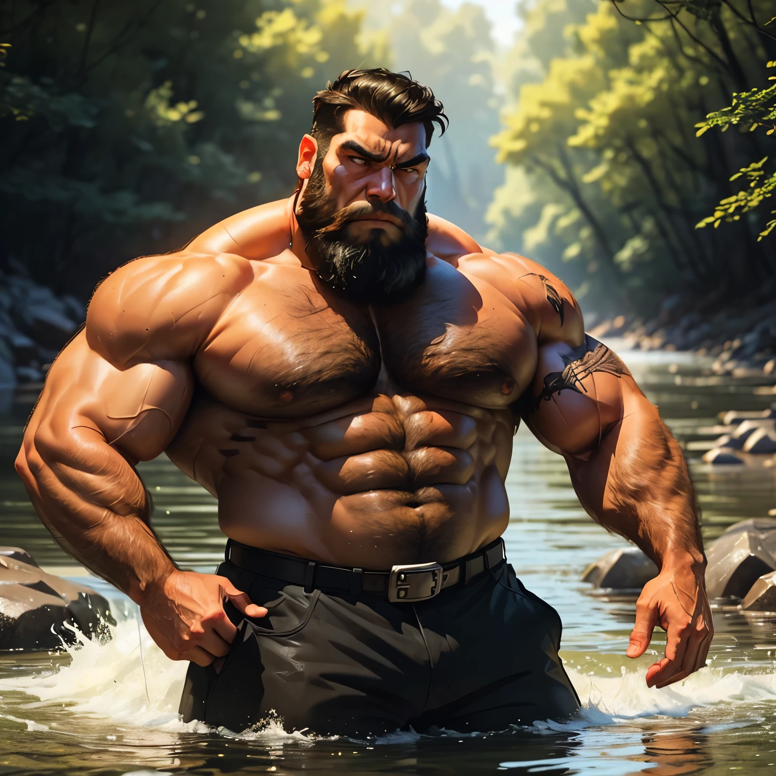 an exaggeratedly muscular and large bodyguard, grizzly old man with short greying black hair, beard, tan skin, (scars on face: 1.1), (stern expression: 1.1), (shirtless: 1.2), pants with belt, (bara pecs: 1.3), (hairy chest and forearms: 1.2), portrait HD, swimming in a river in the woods