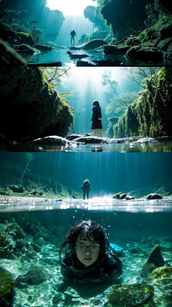 In the water,moss,Showa,Collapse,Devastation,Inside the ruins,Glasses,Women,adventure,Black and White,
