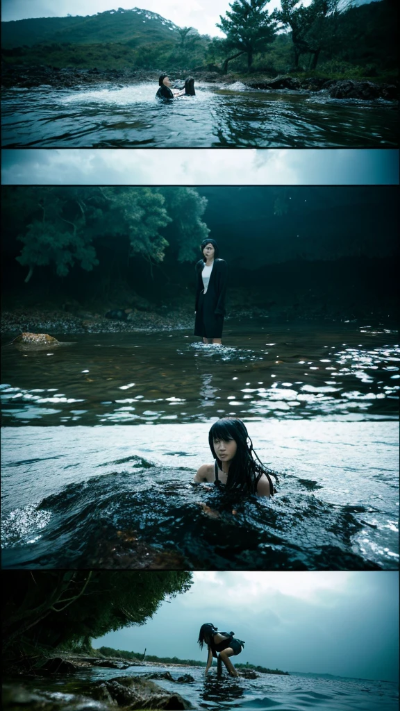 In the water,moss,Showa,Collapse,Devastation,Inside the ruins,Glasses,Women,adventure,Black and White,