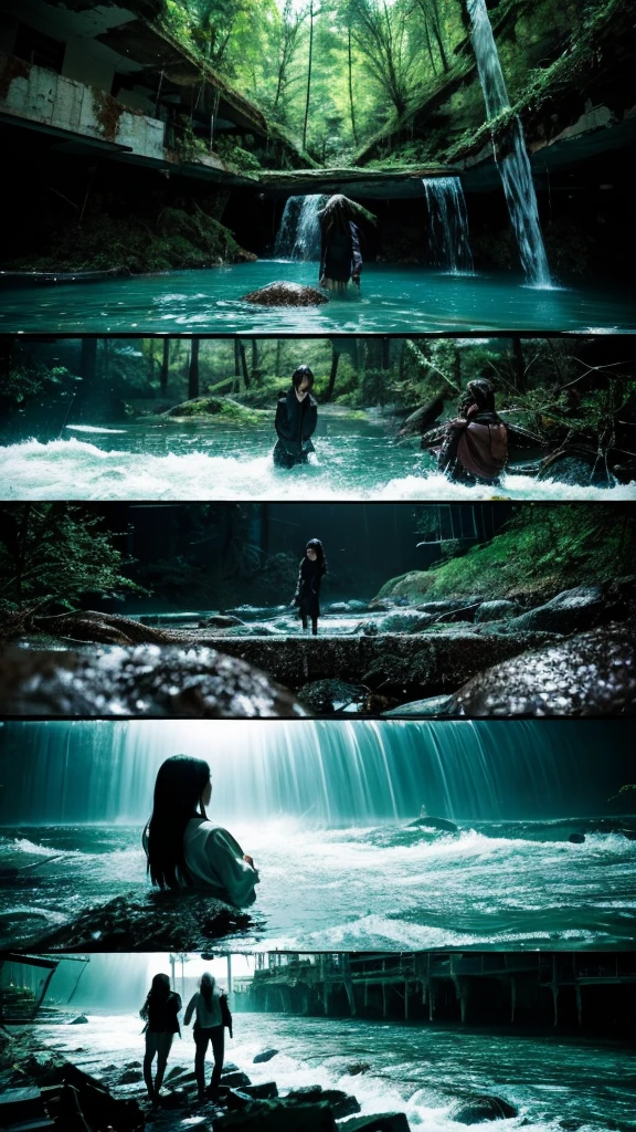 In the water,moss,Showa,Collapse,Devastation,Inside the ruins,Glasses,Women,adventure,Black and White,