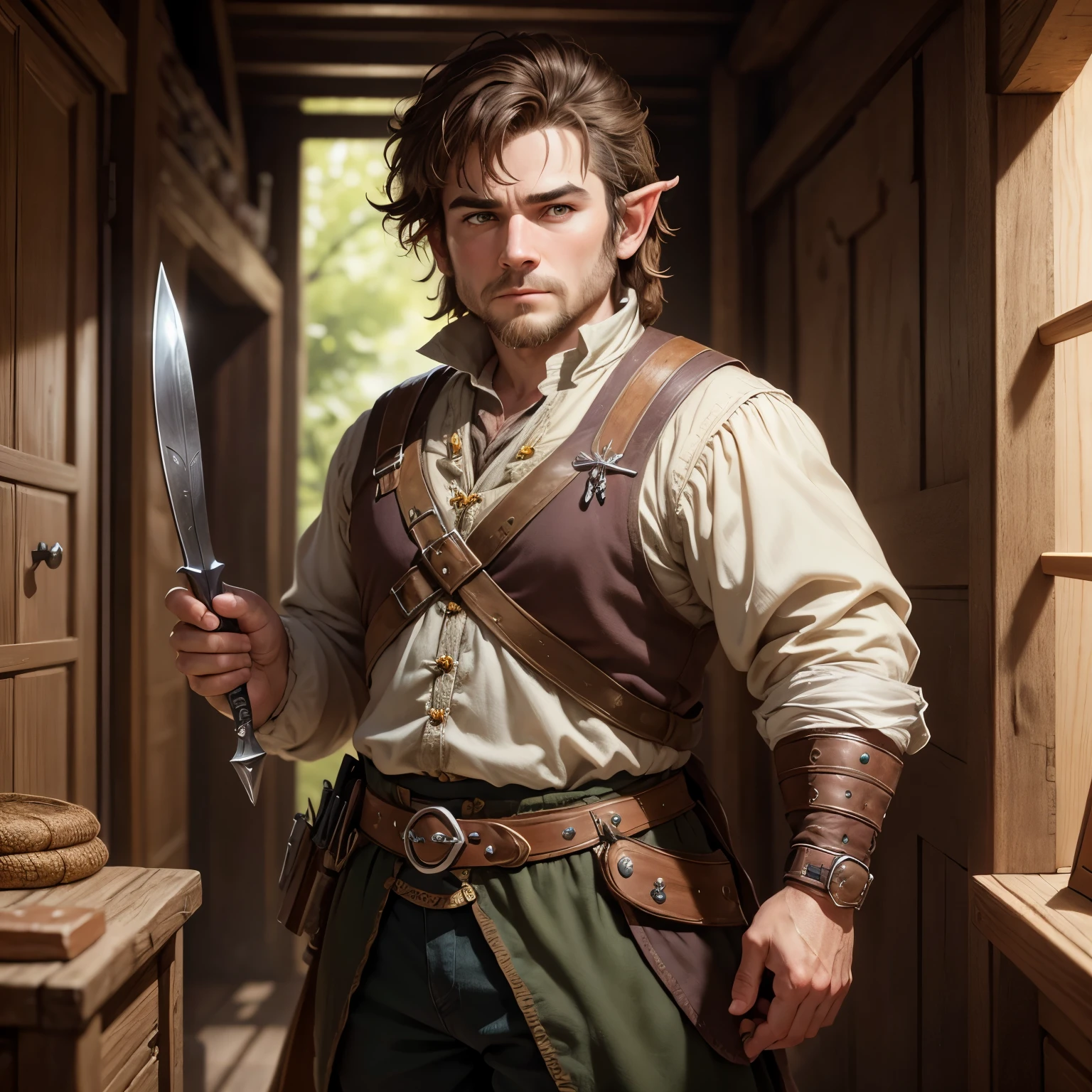 8k, masterpiece, best quality, realistic, higly detailed, cowboy shot, 1boy, male, solo, Noah Brown, england features, dnd, d&d, dungeons and dragons, dungeons & dragons, rpg, ttrp, halfling, hobbit, bard, dagger, 3 ft, 37 lb, brown hair, black eyes, ruddy complexion skin, long sideburns, halfling, hobbit, bard, dagger, halfling, hobbit, bard, dagger, halfling, hobbit, bard, dagger, halfling, hobbit, bard, dagger, halfling, hobbit, bard, dagger,